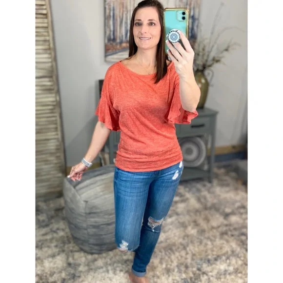 ❤️‍🔥Boat Neck Short Ruffle Bell Dolman Sleeve Top Coral 0922 - Picture 14 of 14